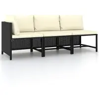 vidaXL 3-delige Loungeset met kussens poly rattan zwart