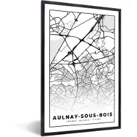 PosterMonkey Fotolijst incl. Poster Zwart Wit- Frankrijk - Plattegrond - Stadskaart - Aulnay-sous-Bois - Kaart - Zwart wit - 60x90 cm - Posterlijst