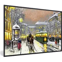 PosterMonkey Fotolijst incl. Poster - Schilderij - Olieverf - Winter - Tram - Paard - 60x40 cm - Posterlijst