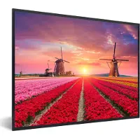 PosterMonkey - Poster - Fotolijst - Bloemen - Windmolen - Tulpen - Zonsondergang - Landschap - Kader - 40x30 cm - Muurdecoratie - Kamerdecoratie - Posters