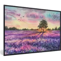 PosterMonkey Poster - Fotolijst - Lavendel - Verf - Bloemen - Vogel - Bomen - Frame - 60x40 cm - Posterlijst - Foto lijst - Poster natuur - Wanddecoratie - Poster lavendel