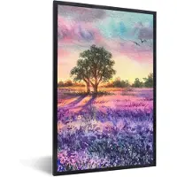 PosterMonkey Poster - Fotolijst - Lavendel - Verf - Bloemen - Vogel - Bomen - Frame - 40x60 cm - Posterlijst - Foto lijst - Poster natuur - Wanddecoratie - Poster lavendel