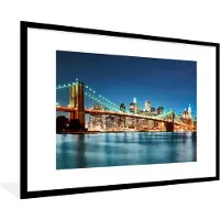 PosterMonkey Poster - Fotolijst - New York - Brug - Brooklyn - Water - Architectuur - Licht - Woonkamer - Kader - 120x80 cm - Kamer decoratie - Poster met lijst - Poster kader - Woondecoratie - Decoratie woonkamer