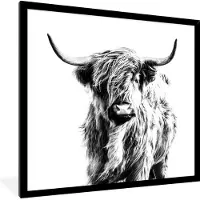 PosterMonkey Fotolijst incl. Poster - Zwart - Wit - Schotse Hooglander - Dieren - 40x40 cm - Posterlijst
