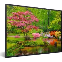 PosterMonkey - Poster - Fotolijst - Bomen - Bloemen - Brug - Japan - Water - Natuur - Kader - 80x60 cm - Muurdecoratie - Posterlijst - Poster Japan - Foto in lijst