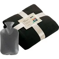 Merkloos Fleece deken/plaid Zwart 130 x 170 cm en een warmwater kruik 2 liter - Plaids