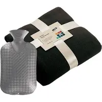 Merkloos Fleece deken/plaid Zwart 130 x 170 cm en een warmwater kruik 2 liter - Plaids