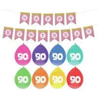 Haza Verjaardag 90 jaar geworden versiering - 16x thema ballonnen/1x Happy Birthday slinger 300 cm