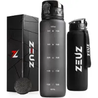 ZEUZ Motivatie Waterfles 1 Liter met Tijdmarkeringen – Motiverende Drinkfles – Volwassenen & Kinderen - BPA Vrij – 1000 ML - Zwart