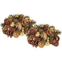 Krist+ Set van 2x stuks kerst thema kaarsenhouders ornamenten gold/green nature 19 x 19 x 9 cm - Tafel decoratie