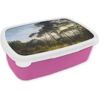 MuchoWow Broodtrommel Roze - Lunchbox Italiaans landschap met parasoldennen - Kunst - Oude meesters - Brooddoos 18x12x6 cm - Brood lunch box - Broodtrommels voor kinderen en volwassenen