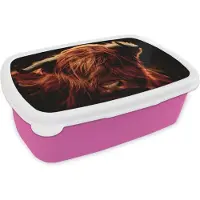 MuchoWow Broodtrommel Roze - Lunchbox - Brooddoos - Schotse hooglander - Koe - Hoorns - Portret - Dieren - 18x12x6 cm - Kinderen - Meisje