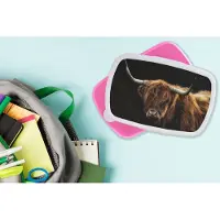 MuchoWow Broodtrommel Roze - Lunchbox - Brooddoos - Schotse Hooglander - Horens - Zwart - Dieren - Natuur - Wild - Koe - 18x12x6 cm - Kinderen - Meisje