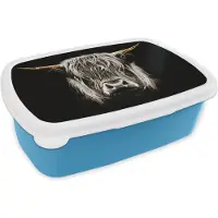 MuchoWow Broodtrommel Blauw - Lunchbox - Brooddoos - Schotse hooglander - Goud - Hoorns - Zwart wit - Koe - Dieren - 18x12x6 cm - Kinderen - Jongen