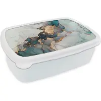 MuchoWow Broodtrommel Wit - Lunchbox - Brooddoos - Blauw - Marmer - Goud - 18x12x6 cm - Volwassenen