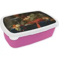 MuchoWow Broodtrommel Roze - Lunchbox Stilleven met een gouden bokaal - Schilderij - Oude meesters - Brooddoos 18x12x6 cm - Brood lunch box - Broodtrommels voor kinderen en volwassenen
