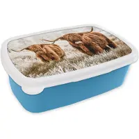 MuchoWow Broodtrommel Blauw - Lunchbox - Brooddoos - Schotse hooglander - Koe - Natuur - Winter - 18x12x6 cm - Kinderen - Jongen
