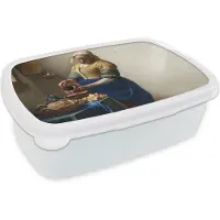 MuchoWow Broodtrommel Wit - Lunchbox Het melkmeisje - Kunst - Oude meesters - Vermeer - Brooddoos 18x12x6 cm - Brood lunch box - Broodtrommels voor kinderen en volwassenen