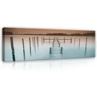 Canvas Schilderij - Pier - Hout - Water - Uitzicht - Wolken - Bergen - Inclusief Frame - 145x45cm (lxb)