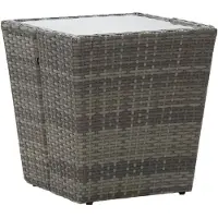 vidaXL Theetafel 41,5x41,5x43 cm poly rattan en gehard glas grijs