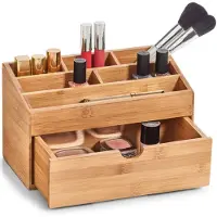 Zeller Make-uphouder/organizer 6-vaks met la kaptafel accessoires bamboe hout 25 x 12 cm - Opbergbox