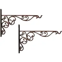 Esschert Design 2x stuks muurhaken met sierkrullen bruin 35 x 25 cm - gietijzer - hanging basket haak - Plantenbakhaken