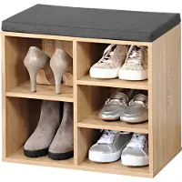 Kesper Bruine houtlook schoenenkast/schoenenrek bankje 29 x 48 x 51 cm met zitkussen - Schoenenrekken