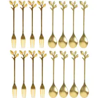 OTIX Gebaksvorkjes en Theelepeltjes - 16 stuks - Goud met Bladeren - Dessertvorkjes - Taartvorkjes - LEAF