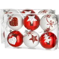 Cepewa 12x stuks gedecoreerde kerstballen rood en wit kunststof 6 cm - Kerstbal