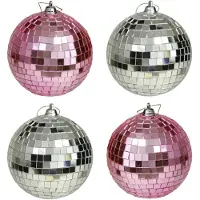 Othmar decorations Kerstballen disco - 4x st - roze en zilver - 10 cm - kunststof - Kerstbal