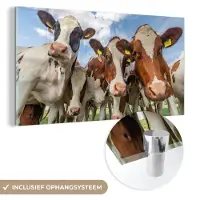 MuchoWow Glasschilderij - Schilderij glas - Koeien - Koe - Dieren - Natuur - Bruin - Glasschilderij dieren - Wanddecoratie - Foto op glas - 160x80 cm - Acrylglas