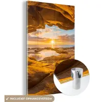 MuchoWow - Glasschilderij - Zee - Rotsen - Kust - Zon - Wanddecoratie - 120x180 cm - Acrylglas - Schilderij glas - Glasschilderij woonkamer