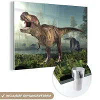 MuchoWow Glasschilderij 180x120 cm - Schilderij acrylglas - Dino - Gras - Tekening - Kinderen - Jongens - Foto op glas - Schilderijen