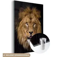 MuchoWow Glasschilderij 30x40 cm - Schilderij acrylglas - Leeuw - Portret - Zwart - Dieren - Foto op glas - Schilderijen