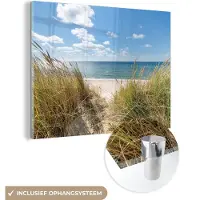 MuchoWow Glasschilderij - Foto op glas - Zee - Natuur - Strand - Helmgras - Schilderijen woonkamer - 160x120 cm - Acrylglas - Wanddecoratie - Schilderij glas - Acrylplaat