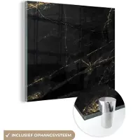 MuchoWow Glasschilderij 20x20 cm - Schilderij acrylglas - Marmer look - Luxe - Zwart - Goud - Foto op glas - Muurdecoratie woonkamer - Wanddecoratie slaapkamer - Schilderijen