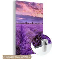 MuchoWow Glasschilderij - Acrylglas - Bloemen - Lavendel - Berg - Paars - Wolken - Foto op glas - 100x150 cm - Glasschilderij bloemen - Wanddecoratie glas - Schilderij paars - Muurdecoratie