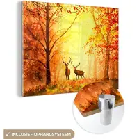 MuchoWow Glasschilderij 160x120 cm - Schilderij acrylglas - Natuur - Olieverf - Hert - Dieren - Herfst - Oranje - Foto op glas - Schilderijen