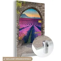 MuchoWow Glasschilderij 40x60 cm - Schilderij acrylglas - Lavendel - Avond - Doorkijk - Bloemen - Foto op glas - Muurdecoratie woonkamer - Wanddecoratie slaapkamer - Schilderijen