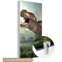 MuchoWow Glasschilderij 80x160 cm - Schilderij acrylglas - Dino - Gras - Tekening - Kinderen - Jongens - Foto op glas - Schilderijen