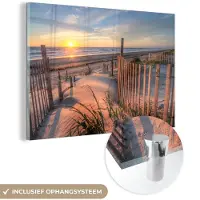 MuchoWow Glasschilderij 150x100 cm - Schilderij acrylglas - Strand - Zee - Duin - Zonsondergang - Landschap - Foto op glas - Muurdecoratie woonkamer - Wanddecoratie slaapkamer - Schilderijen