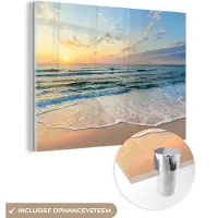 MuchoWow Glasschilderij 120x90 cm - Schilderij acrylglas - Strand - Zee - Zonsondergang - Golf - Foto op glas - Muurdecoratie woonkamer - Wanddecoratie slaapkamer - Schilderijen