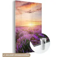 MuchoWow Glasschilderij 120x180 cm - Schilderij acrylglas - Lavendel - Zon - Bloemen - Foto op glas - Schilderijen