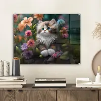 MuchoWow Glasschilderij 40x30 cm - Schilderij acrylglas - Kitten - Illustratie - Bloemen - Natuur - Kat - Foto op glas - Schilderijen