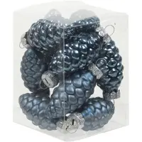 Othmar decorations 12x stuks glazen dennenappels kersthangers donkerblauw 6 cm mat/glans - Kersthangers