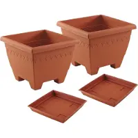 Hega hogar 4x stuks vierkante plantenbakken/potten 30 x 30 x 23 cm terra cotta kleur met opvangschaal van 27 cm - Kunststof - Buiten gebruik