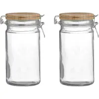 Urban Living Voorraadpot/bewaarpot - 2x - 1L - glas - met beugelsluiting - bamboe deksel - Voorraadpot