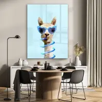 MuchoWow Glasschilderij 90x120 cm - Schilderij acrylglas - Lama - Zonnebril - Blauw - Dier - Foto op glas - Schilderijen
