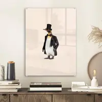 MuchoWow Glasschilderij 30x40 cm - Schilderij acrylglas - Pinguïn - Dier - Hoed - Colbert - Zwart - Foto op glas - Schilderijen