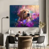 MuchoWow Glasschilderij 120x90 cm - Schilderij acrylglas - Hond - Puppy - Zon - Bloemen - Golden retriever - Foto op glas - Schilderijen
